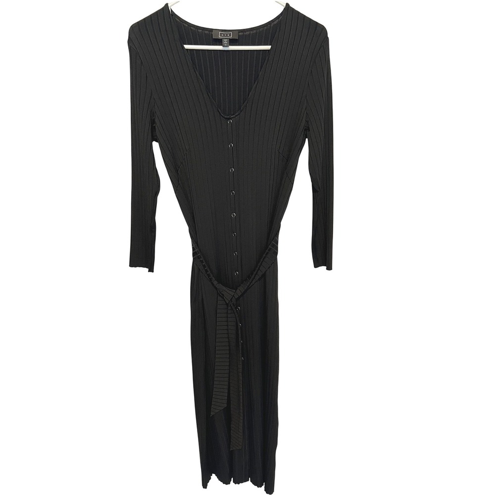AYR Women's Ribbed Knit Midi Dress Long Sleeve Black Snap Front Tie Belt